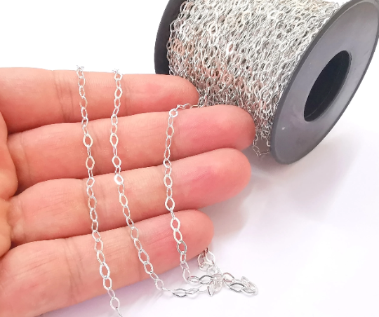 1mt(3.3ft) Sterling Silver Oval Flat Cable Chain 925 Solid Silver Soldered Chain (5x3mm) G30112