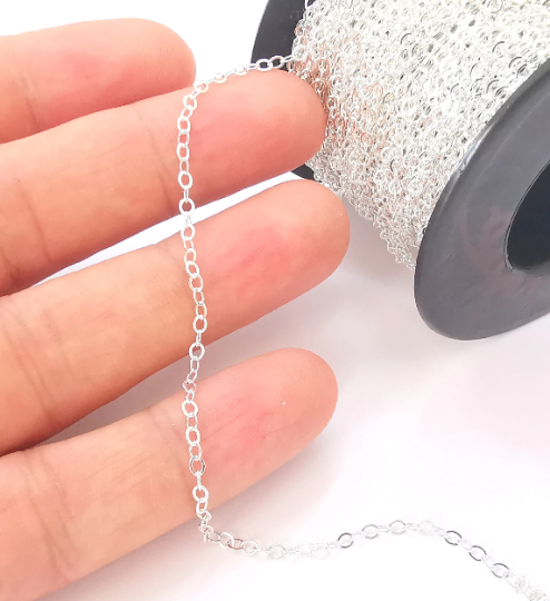 1mt(3.3ft) Sterling Silver Oval Flat Cable Chain 925 Solid Silver Soldered Chain (3x2.3mm) G30129