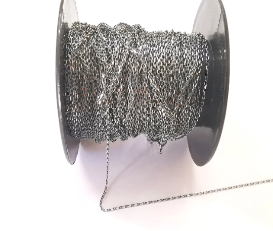 1mt(3.3ft) Sterling Silver Black Chain 925 Solid Silver Soldered Cable Chain (1,8x1mm) G30152