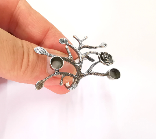 Sterling Silver Flower Ring Blank Bezel 925 Silver Ring Setting Resin Ring Blank Cabochon Ring Adjustable Ring Base (8x6mm+6mm) G30102