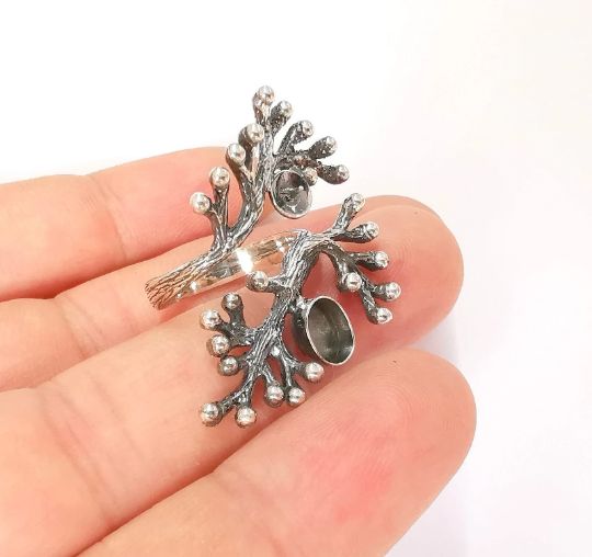 Sterling Silver Flower Ring Blank Bezel 925 Silver Ring Setting Resin Ring Blank Cabochon Ring Adjustable Ring Base (7x5mm) G30412