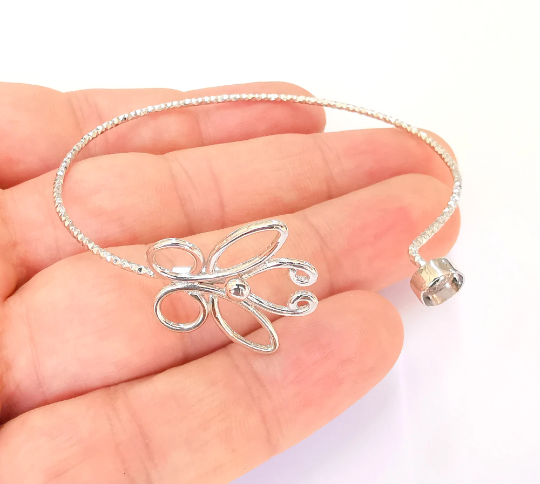 Sterling Silver Butterfly Bracelet Blank Bezel 925 Silver Cuff Base Setting Blank Cabochon Bezel Mounting Adjustable Bracelet (6mm) G30085
