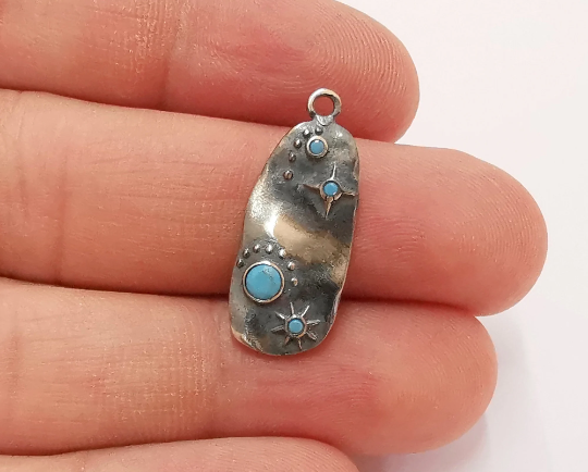 Sterling Silver Charms 925 Oxidized Silver Pendant with Turquoise Stone , Pendant (27x11mm) G30118