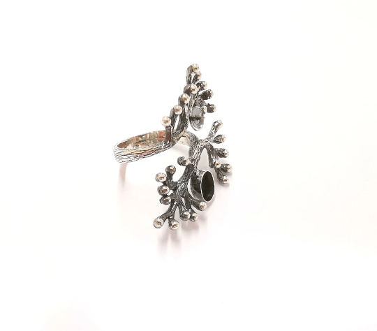 Sterling Silver Flower Ring Blank Bezel 925 Silver Ring Setting Resin Ring Blank Cabochon Ring Adjustable Ring Base (7x5mm) G30412