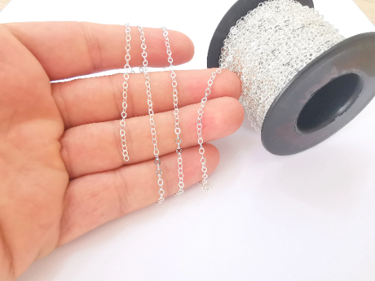1mt(3.3ft) Sterling Silver Oval Flat Cable Chain 925 Solid Silver Soldered Chain (3x2.3mm) G30129