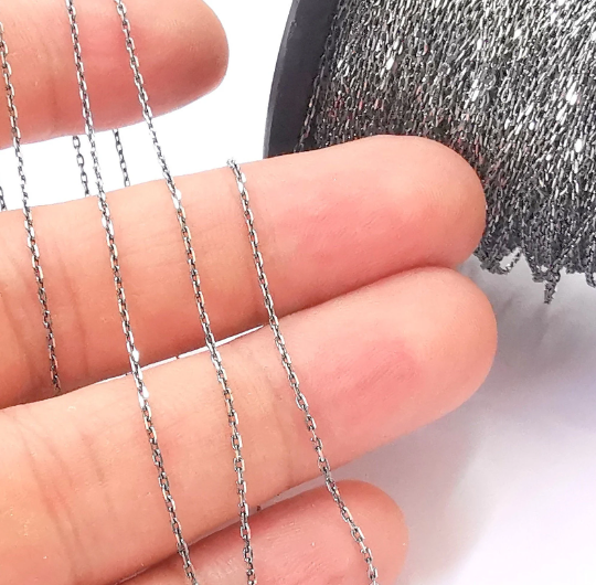 1mt(3.3ft) Sterling Silver Black Chain 925 Solid Silver Soldered Cable Chain (1,8x1mm) G30152