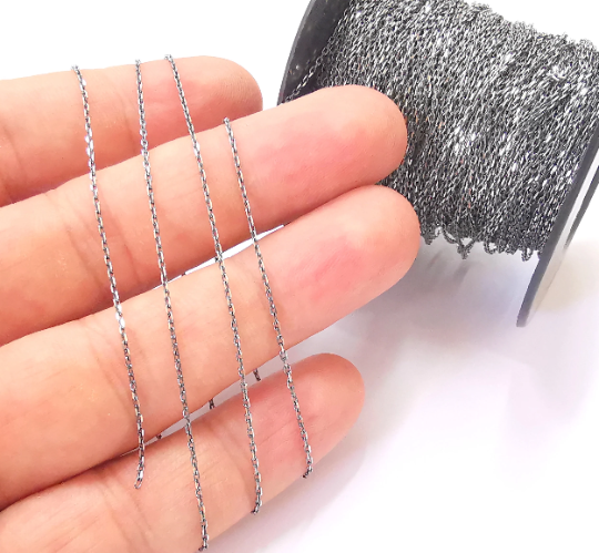 1mt(3.3ft) Sterling Silver Black Chain 925 Solid Silver Soldered Cable Chain (1,8x1mm) G30152