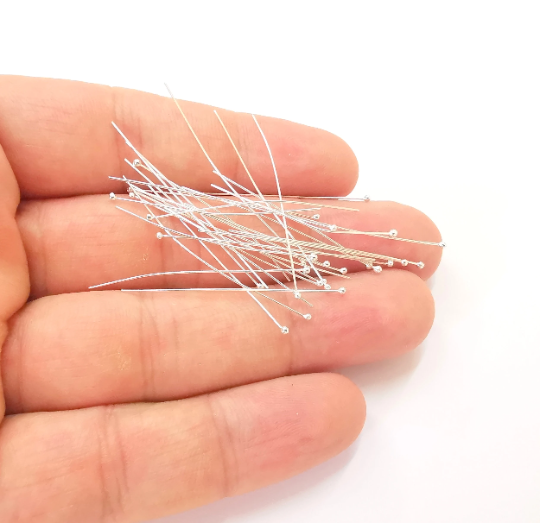 10 Sterling Silver Long Ball Head Pin, 1.5'', 25ga Extra thin pins (40mm) (0.4mm - 25 Gauge) 925 Solid Silver Headpin Findings G30126
