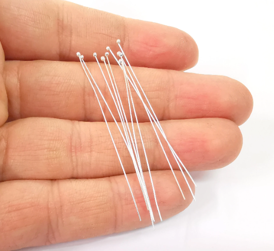 10 Sterling Silver Long Ball Head Pin, Extra thin pins (50mm) 925 Silver Headpin Findings G30163