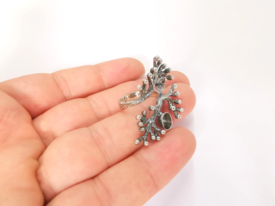 Sterling Silver Flower Ring Blank Bezel 925 Silver Ring Setting Resin Ring Blank Cabochon Ring Adjustable Ring Base (7x5mm) G30412