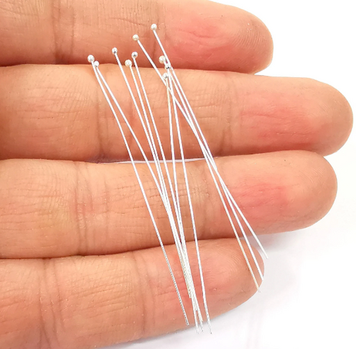 10 Sterling Silver Long Ball Head Pin, Extra thin pins (50mm) 925 Silver Headpin Findings G30163
