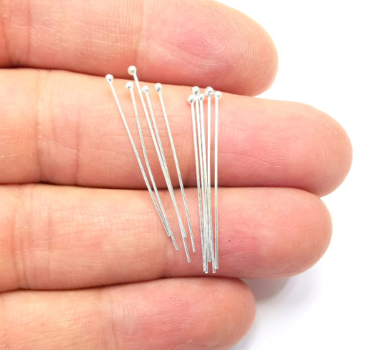 5 Sterling Silver Ball Head Pins 1.2'', 24ga (Length 1.2inch - 30mm) (Thickness 0.5mm - 24 Gauge) 925 Silver Ball Head pin G30104