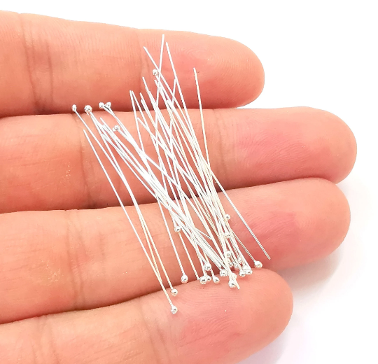 10 Sterling Silver Long Ball Head Pin, 1.5'', 25ga Extra thin pins (40mm) (0.4mm - 25 Gauge) 925 Solid Silver Headpin Findings G30126