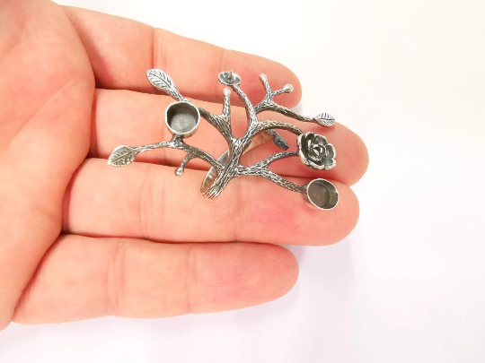 Sterling Silver Flower Ring Blank Bezel 925 Silver Ring Setting Resin Ring Blank Cabochon Ring Adjustable Ring Base (8x6mm+6mm) G30102