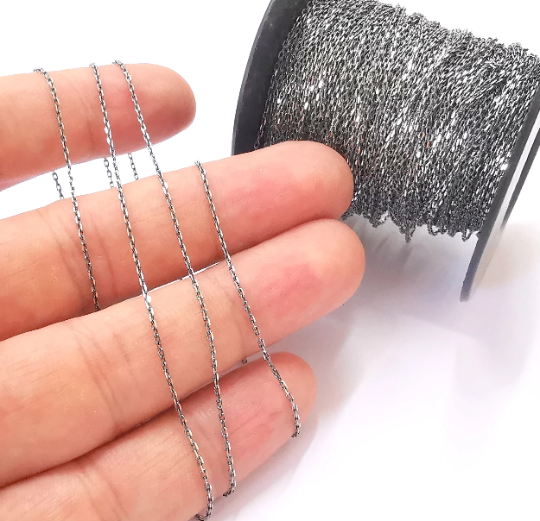 1mt(3.3ft) Sterling Silver Black Chain 925 Solid Silver Soldered Cable Chain (1,8x1mm) G30152