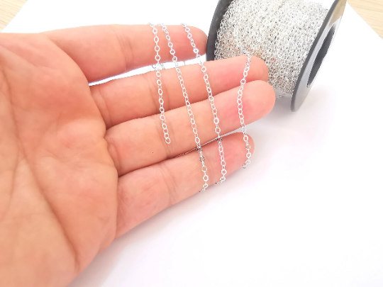 1mt(3.3ft) Sterling Silver Oval Flat Cable Chain 925 Solid Silver Soldered Chain (3x2.3mm) G30129