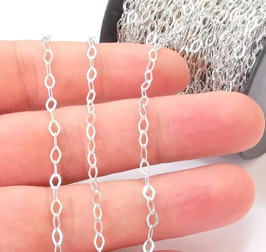 1mt(3.3ft) Sterling Silver Oval Flat Cable Chain 925 Solid Silver Soldered Chain (5x3mm) G30112