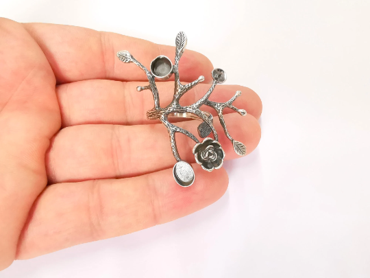 Sterling Silver Flower Ring Blank Bezel 925 Silver Ring Setting Resin Ring Blank Cabochon Ring Adjustable Ring Base (8x6mm+6mm) G30102