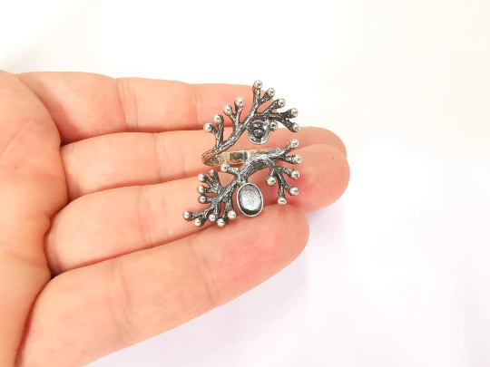 Sterling Silver Flower Ring Blank Bezel 925 Silver Ring Setting Resin Ring Blank Cabochon Ring Adjustable Ring Base (7x5mm) G30412