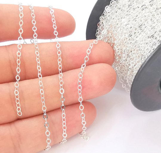 1mt(3.3ft) Sterling Silver Oval Flat Cable Chain 925 Solid Silver Soldered Chain (3x2.3mm) G30129