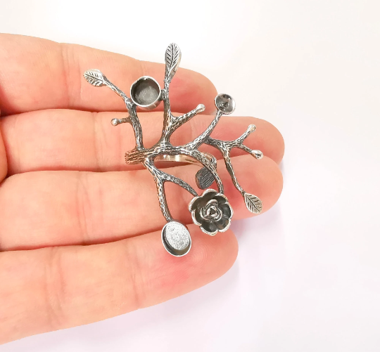 Sterling Silver Flower Ring Blank Bezel 925 Silver Ring Setting Resin Ring Blank Cabochon Ring Adjustable Ring Base (8x6mm+6mm) G30102