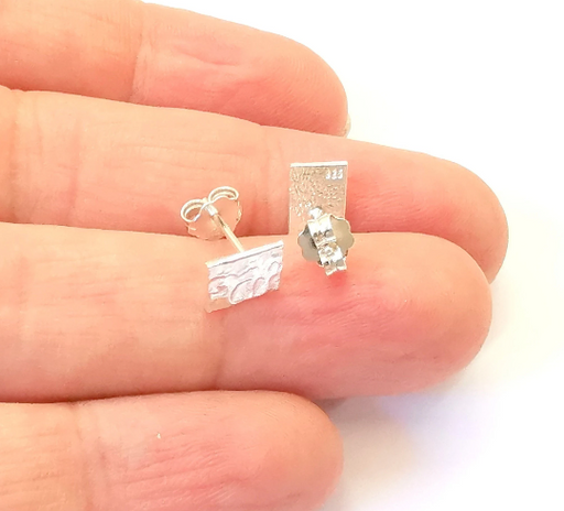 Rectangle Earring Stud, Sterling Silver Earring Posts 2 Pcs (1 pair) Flat Pad Back 925 Silver Earring Engraving (8x6mm) G30128