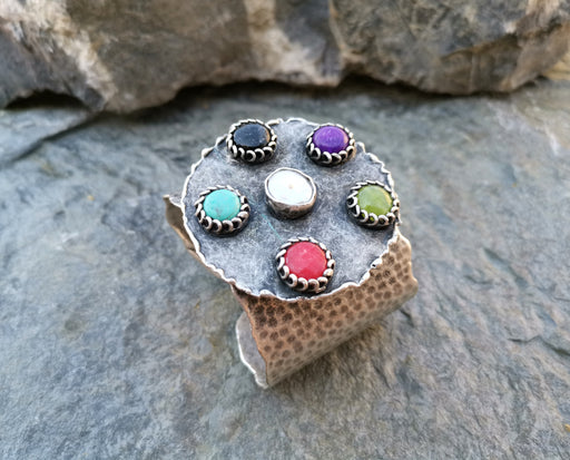 Antique Silver Plated Brass Bracelet with Colored Gemstones Adjustable SR10