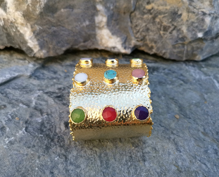 Gold Plated Brass Bracelet with Colored Gemstones Adjustable SR12