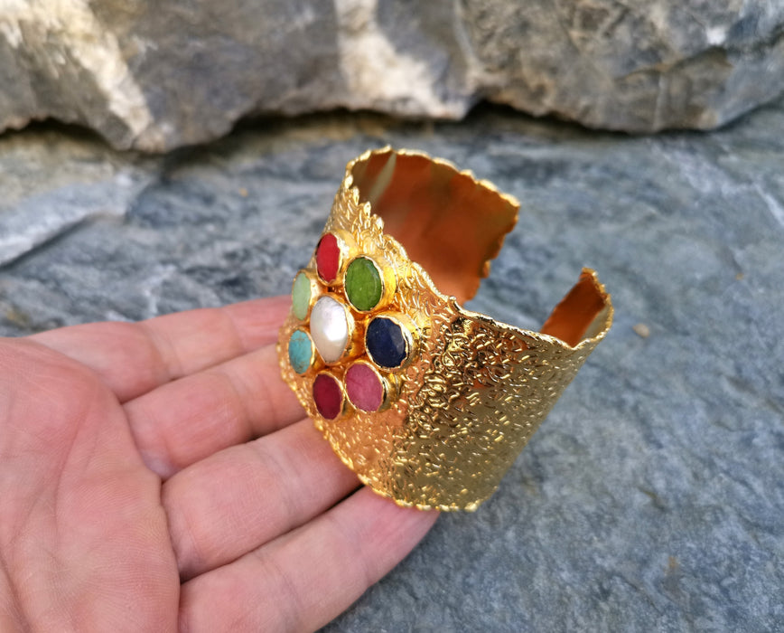 Gold Plated Brass Bracelet with Colored Gemstones Adjustable SR13