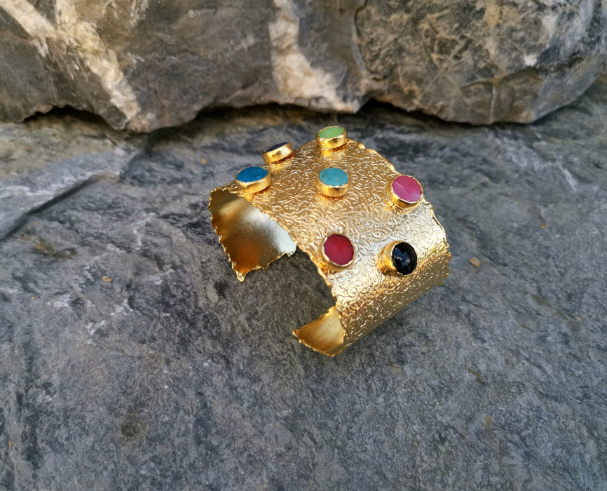Gold Plated Brass Bracelet with Colored Gemstones Adjustable SR14