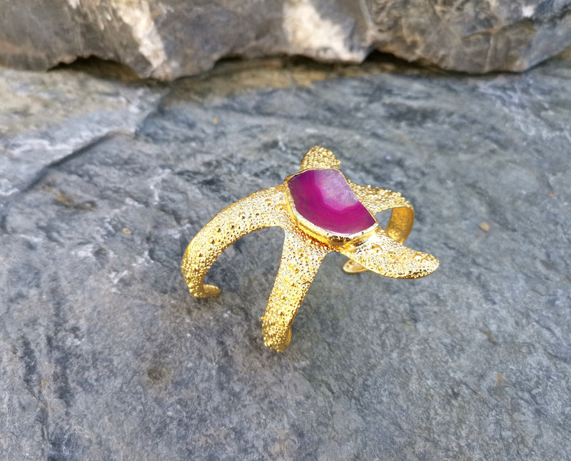 Gold Plated Brass Starfish Bracelet with Fuchsia Agate Gemstone Adjustable SR16