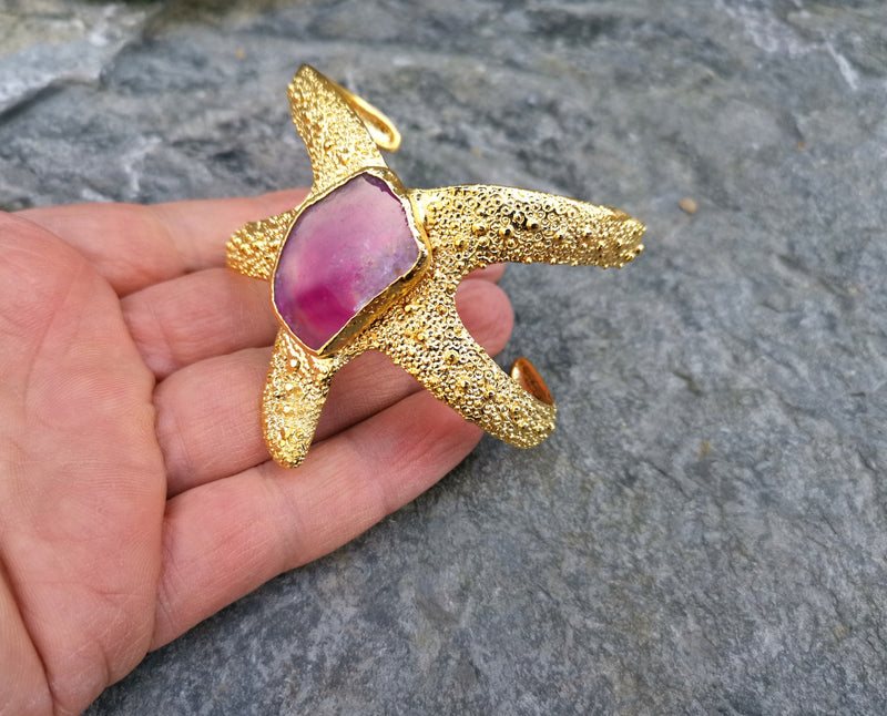Gold Plated Brass Starfish Bracelet with Fuchsia Agate Gemstone Adjustable SR16