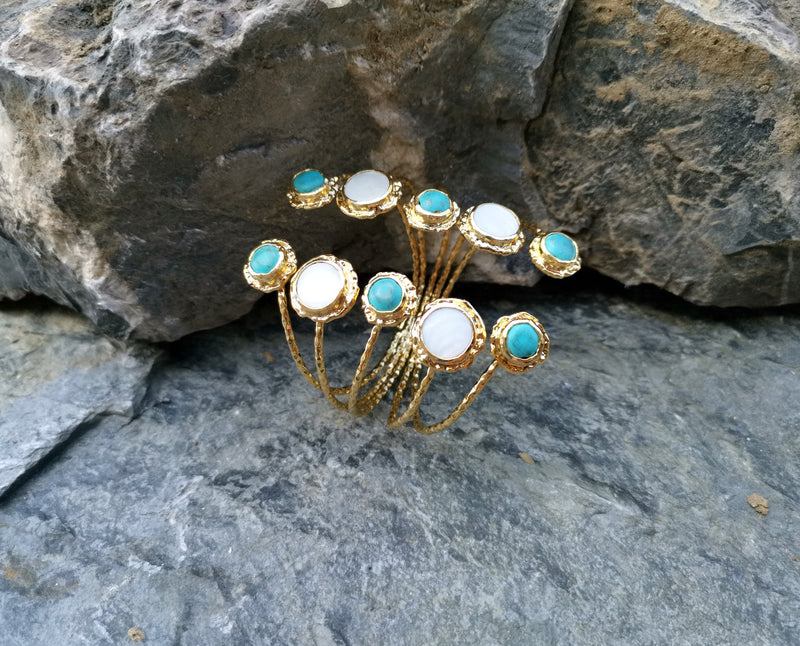 Gold Plated Brass Bracelet With Turquoise Gemstones And Real Pearls Adjustable SR20