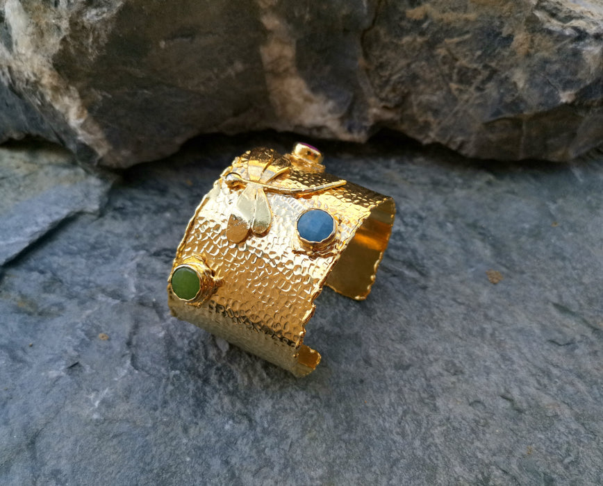 Gold Plated Brass Dragonfly Bracelet with Colored Gemstones Adjustable SR21