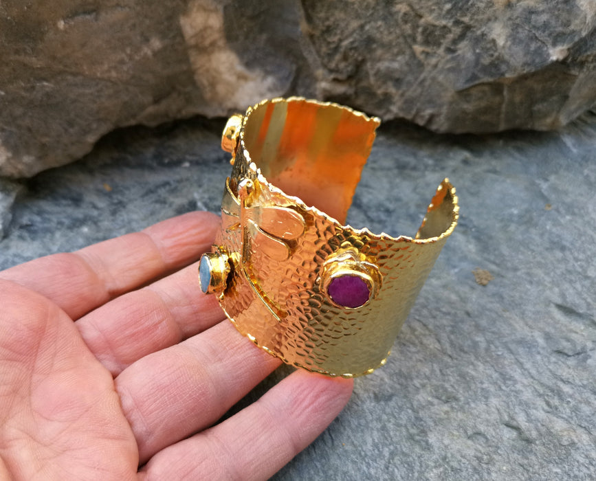 Gold Plated Brass Dragonfly Bracelet with Colored Gemstones Adjustable SR21