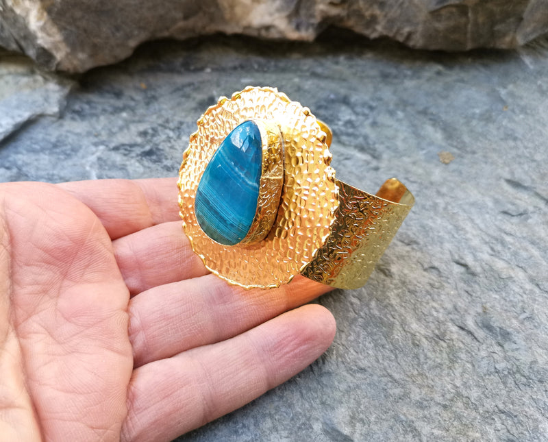 Gold Plated Brass Bracelet with Blue Agate Gemstone Adjustable SR22