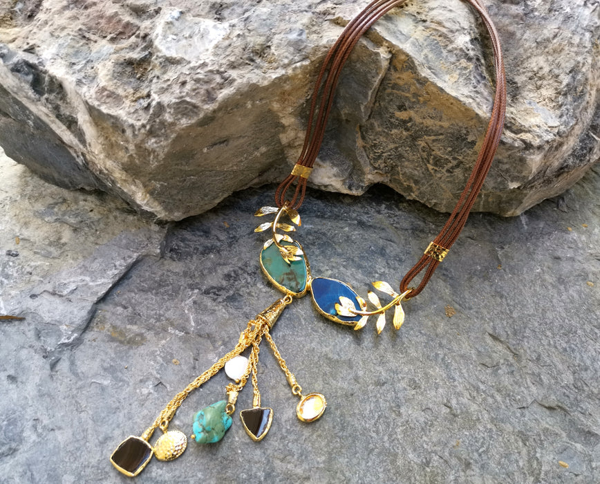 Gold Plated Brass Necklace with Green, Blue and Brown Gemstones  SR23