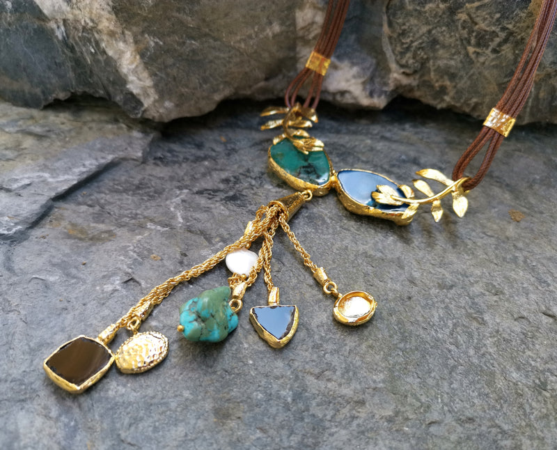 Gold Plated Brass Necklace with Green, Blue and Brown Gemstones  SR23