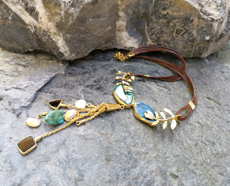 Gold Plated Brass Necklace with Green, Blue and Brown Gemstones  SR23