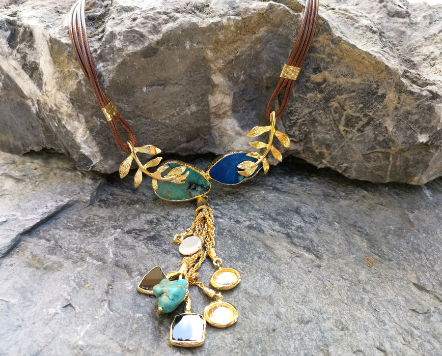 Gold Plated Brass Necklace with Green, Blue and Brown Gemstones  SR23