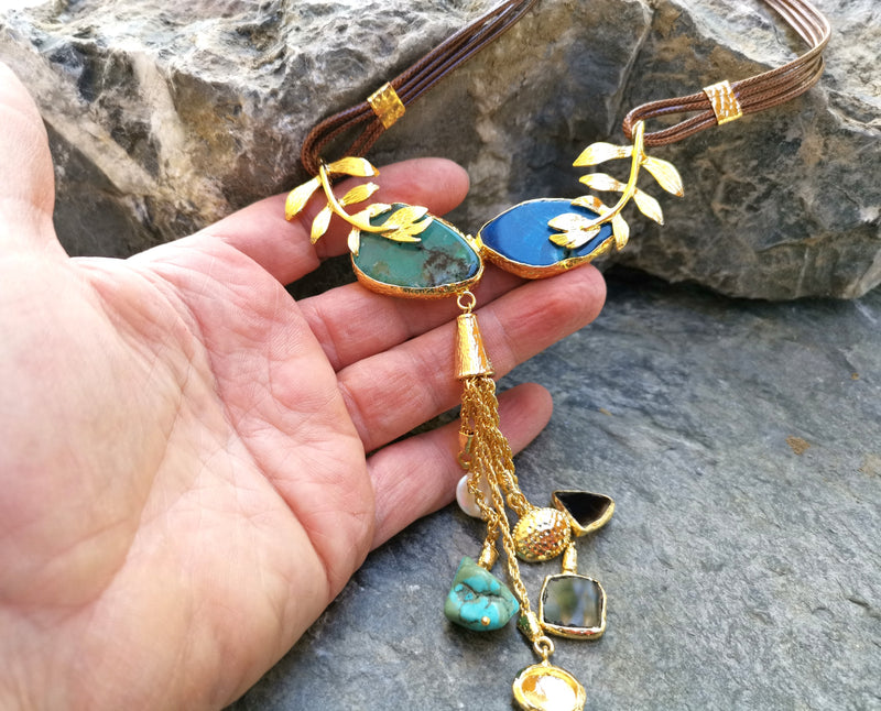 Gold Plated Brass Necklace with Green, Blue and Brown Gemstones  SR23