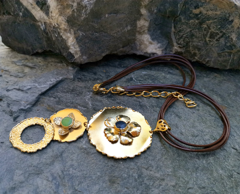 Gold Plated Brass Necklace with Green and Blue Gemstones  SR24