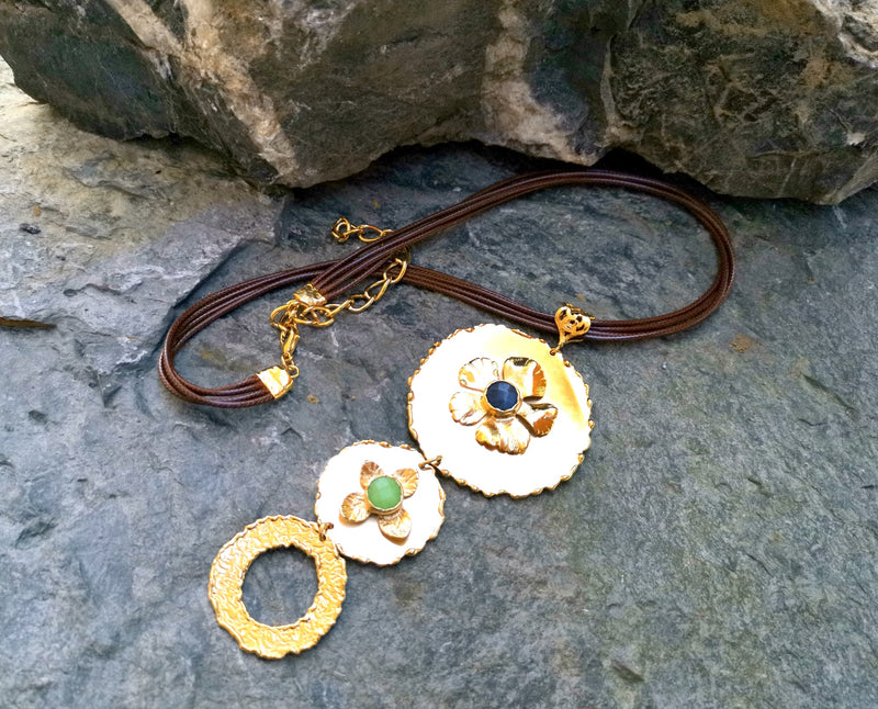 Gold Plated Brass Necklace with Green and Blue Gemstones  SR24