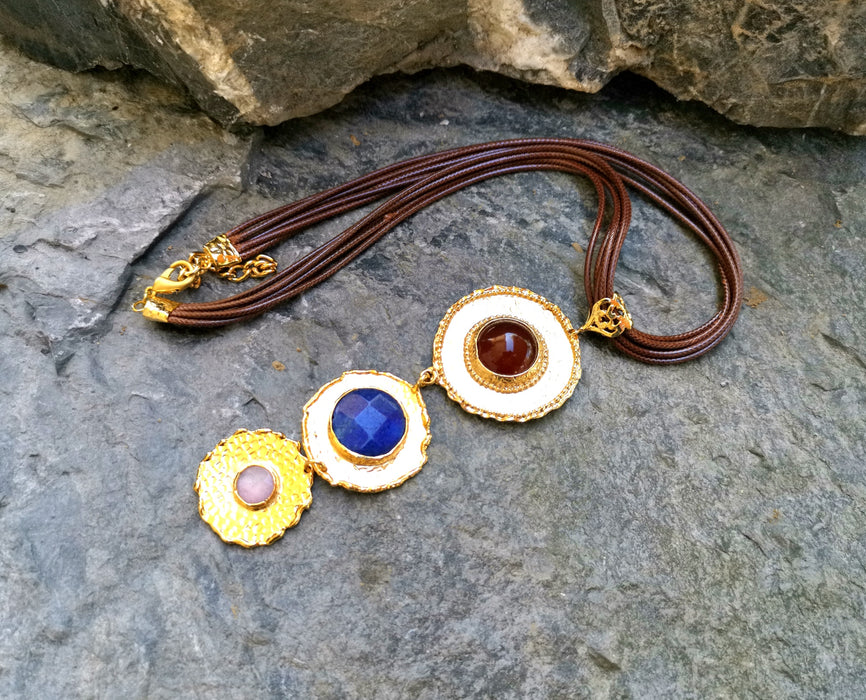 Gold Plated Brass Necklace with Brown, Blue and White Gemstones  SR25