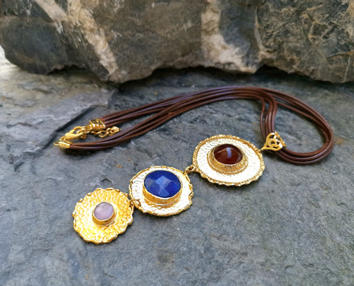 Gold Plated Brass Necklace with Brown, Blue and White Gemstones  SR25