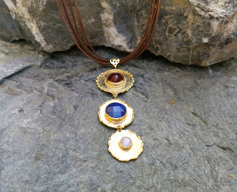 Gold Plated Brass Necklace with Brown, Blue and White Gemstones  SR25