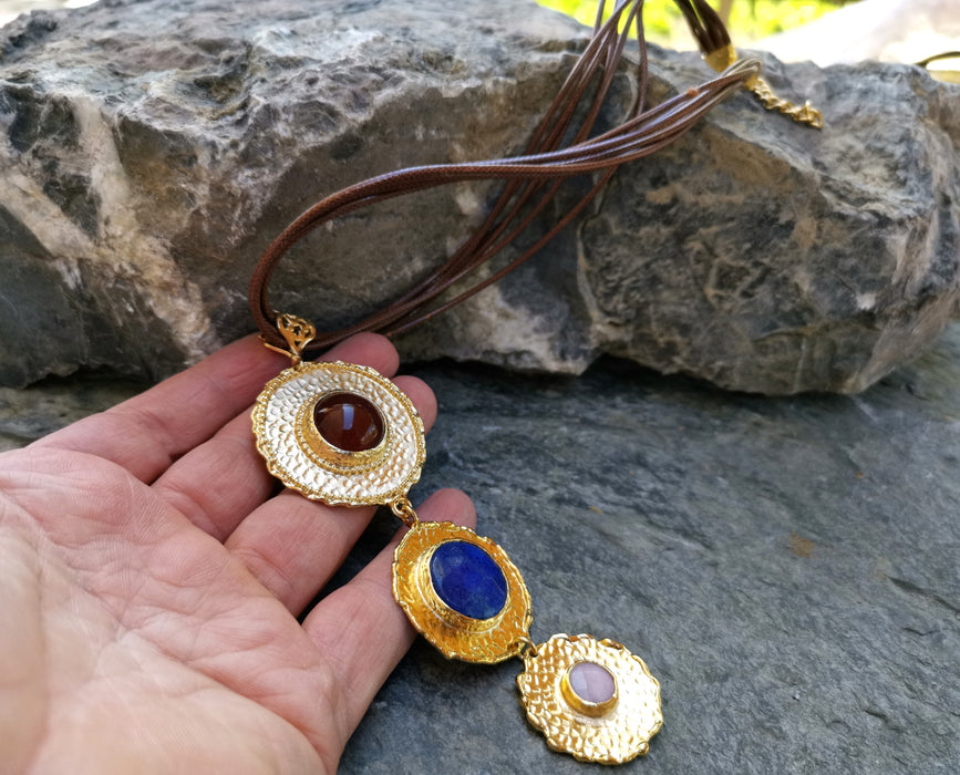 Gold Plated Brass Necklace with Brown, Blue and White Gemstones  SR25