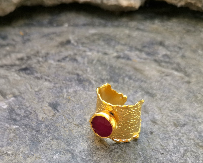 Gold Plated Brass Ring with Pink Gemstone Adjustable SR26
