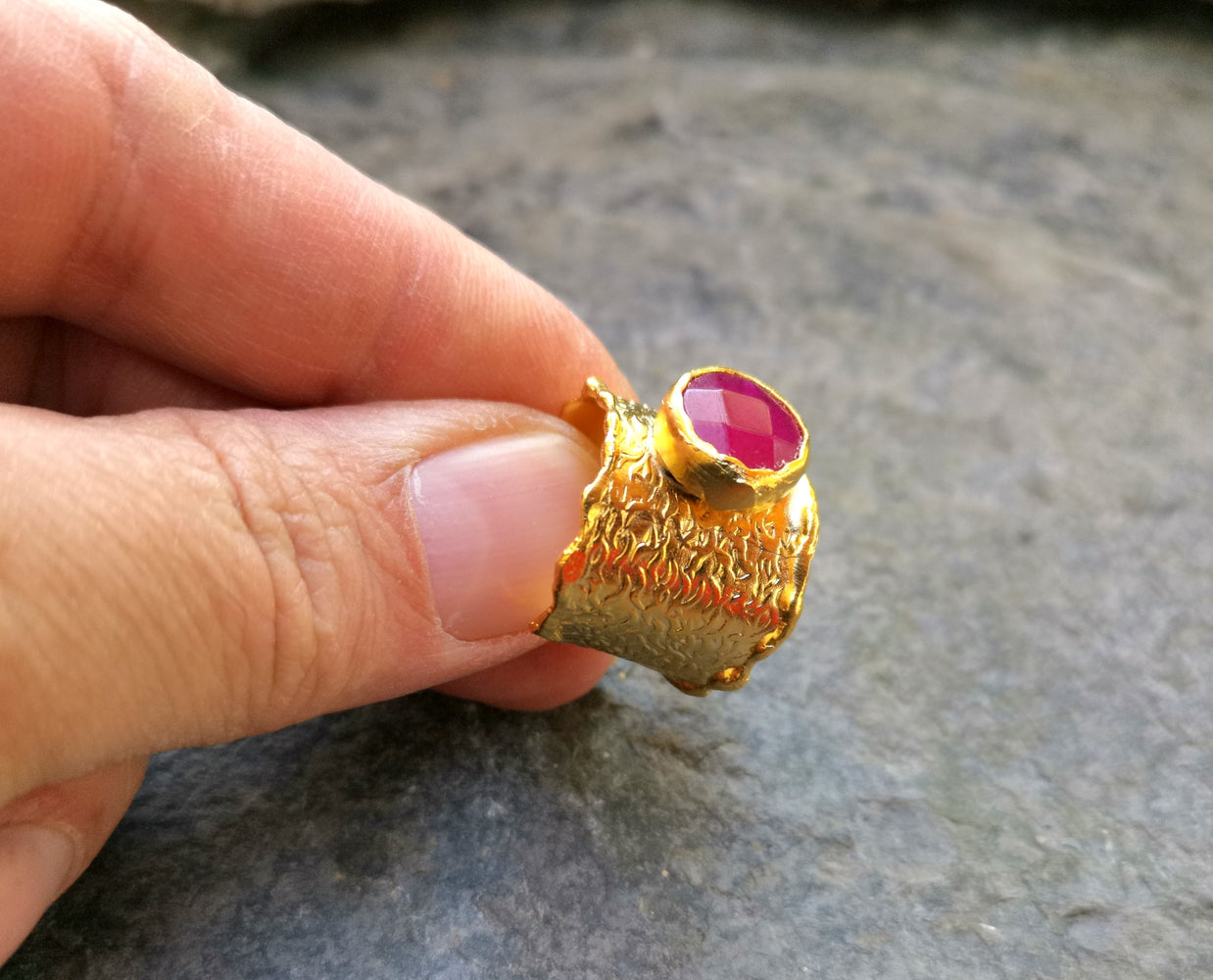 Gold Plated Brass Ring with Pink Gemstone Adjustable SR26