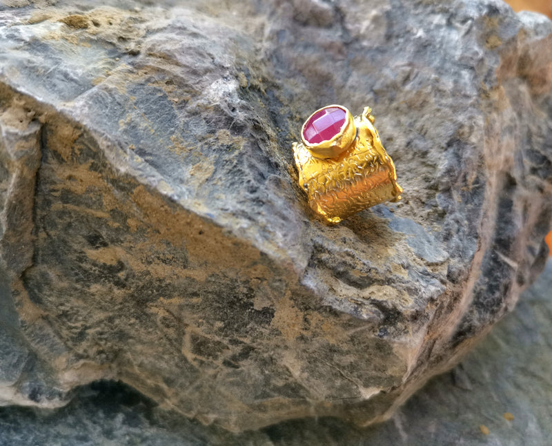 Gold Plated Brass Ring with Pink Gemstone Adjustable SR26